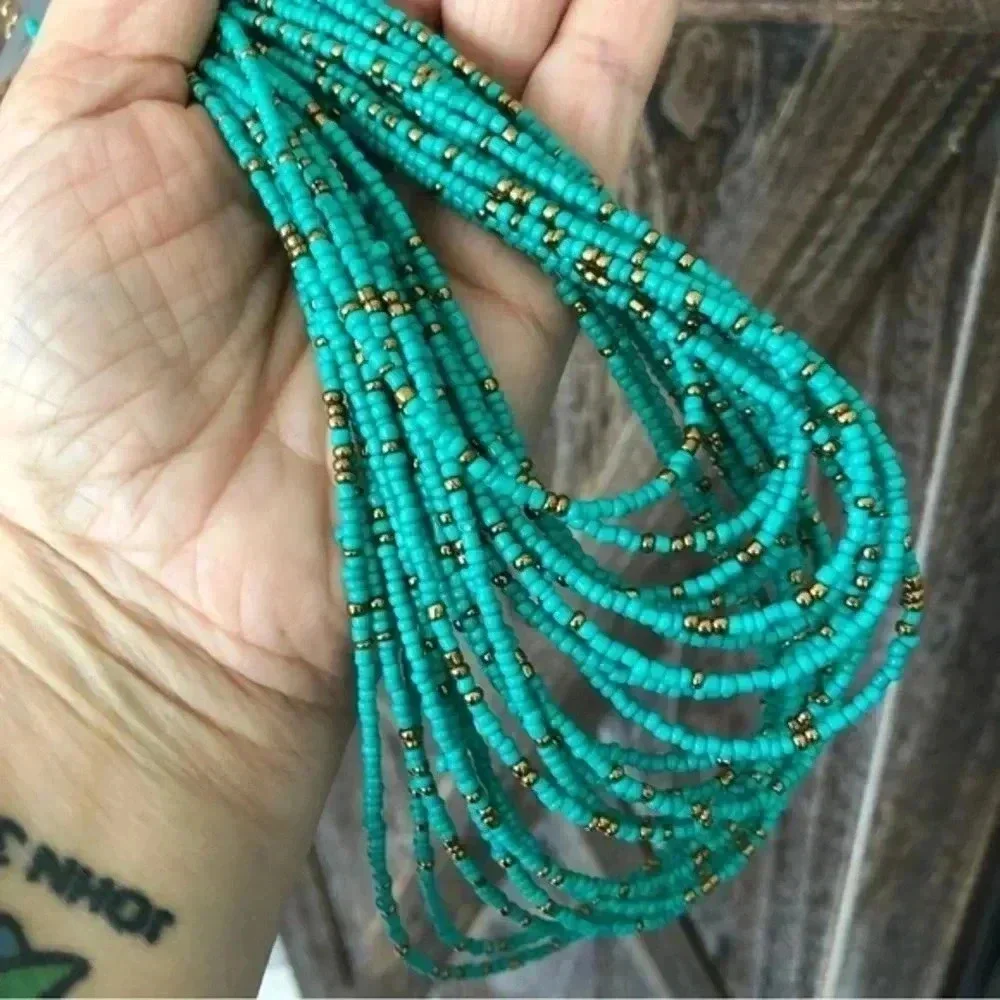 Pretty Handmade Ethnic Style Turquoise Multi Layer Seed Bead Necklace NWT